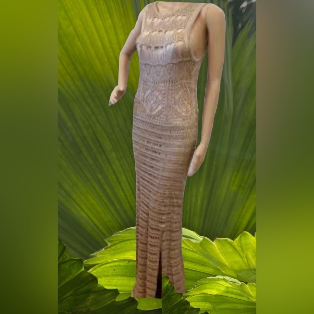 Venus Loose Gold Knitting Lined Maxi Vacation Dress -Beach cruise Size M crochet